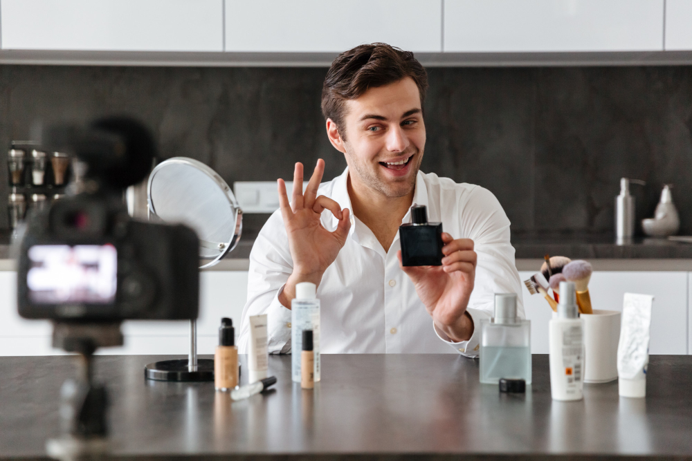 Mann nimmt ein Video für YouTube oder soziale Medien auf, in dem er Influencer-Parfüm vorstellt. Er zeigt den schwarzen Flakon und macht das OK-Geste-Zeichen. Der Tisch ist voll mit Kosmetikartikeln wie Make-up und Pinseln. Ein Beispiel für einen Parfüm-Testbericht oder ein Herren-Pflege-Video.