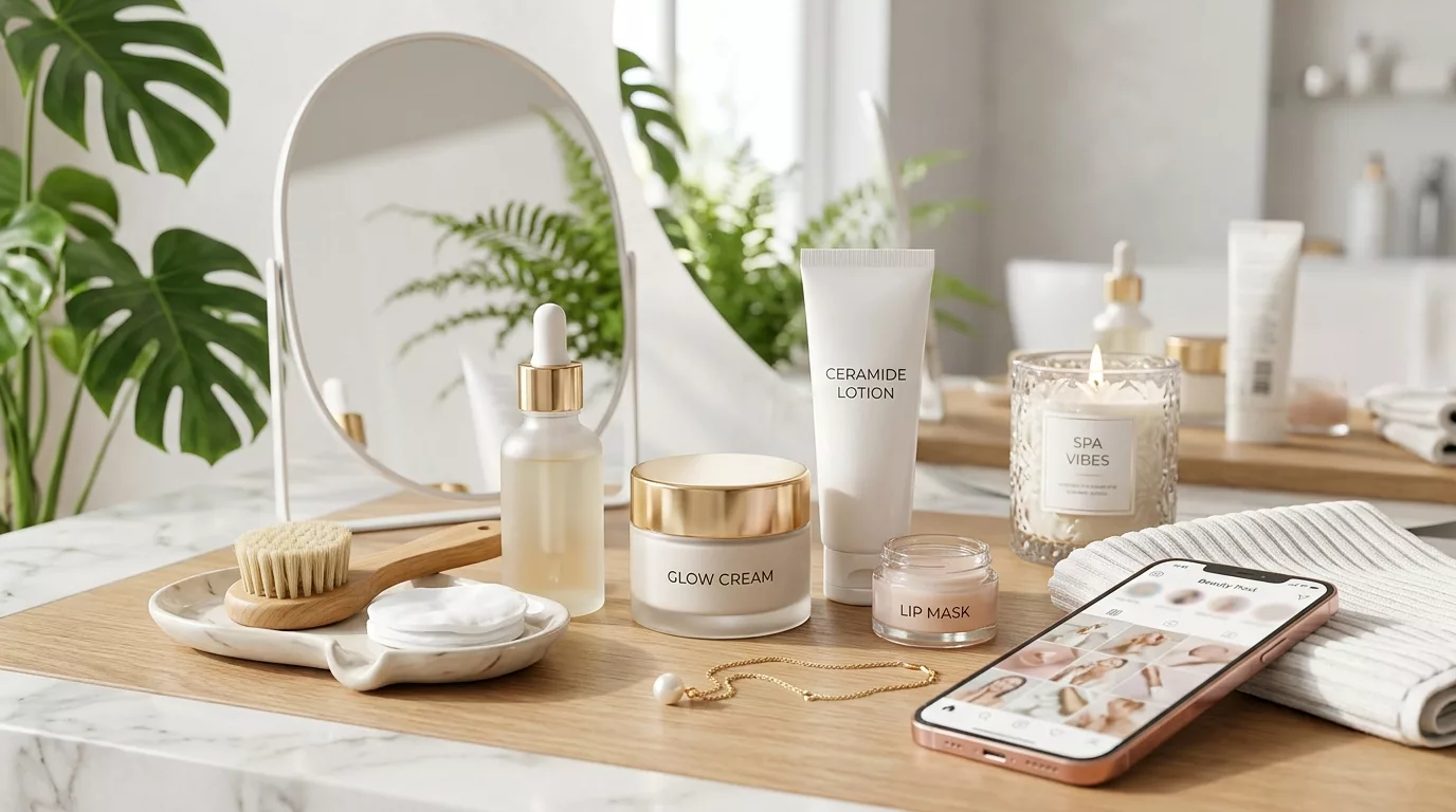 Ästhetisches Beauty- und Pflege-Setup auf einem Holz-Waschtisch mit Kosmetikprodukten wie Glow Cream, Lip Mask und einem Smartphone, das einen Instagram-Feed zeigt – perfekt für Influencer-Hautpflege-Routinen.